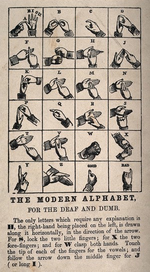 view Hands showing the alphabet of sign language. Wood engraving.