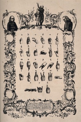 The French sign language alphabet with ornate border, above it, the Abbé C.M. de l'Epée and the Abbé Sicard. Lithograph.