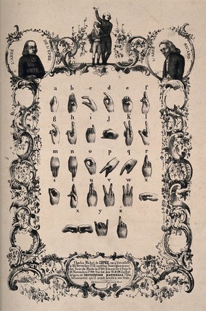 view The French sign language alphabet with ornate border, above it, the Abbé C.M. de l'Epée and the Abbé Sicard. Lithograph.