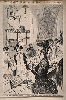 A vicar using sign language to the congregation at a service at a deaf and dumb church. Wood engraving after A.S. Hartick (?).