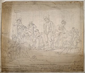 view Deaf and dumb people communicating through sign language. Pen and ink after S. della Gatta, 1828.