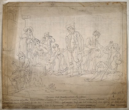 Deaf and dumb people communicating through sign language. Pen and ink after S. della Gatta, 1828.