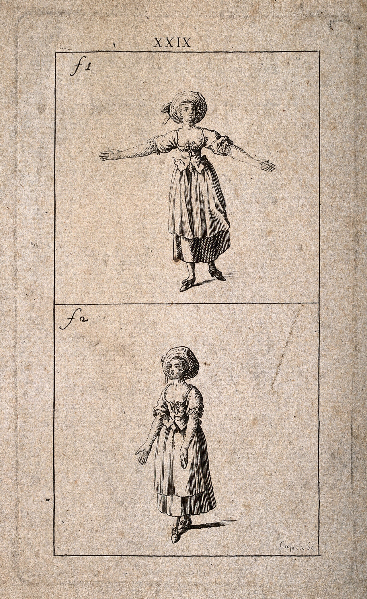 A woman showing two examples of gestures described by J.J. Engel in his Ideen zu einer Mimik (1785). Etching by J.L. Copia, 1795., 1795, by Jacques-Louis Copia