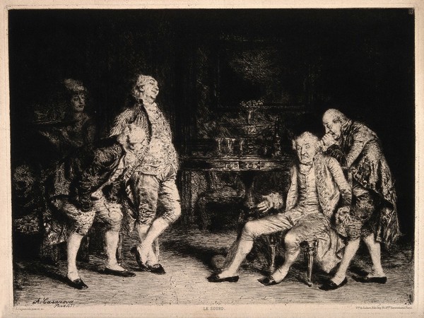 A deaf man being made fun of and shouted at by his friends. Drypoint by A. Casanova y Estorach, 1877.