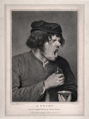 view A man grimacing grotesquely after taking some unpleasant tasting medicine. Stipple engraving by G.S. Facius and/or J.G. Facius, 1796, after A. Brouwer.