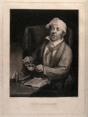 view A sick man mixing a dose of medicine for himself from a book. Mezzotint by H. Dawe, 1824, after M.W. Sharp.