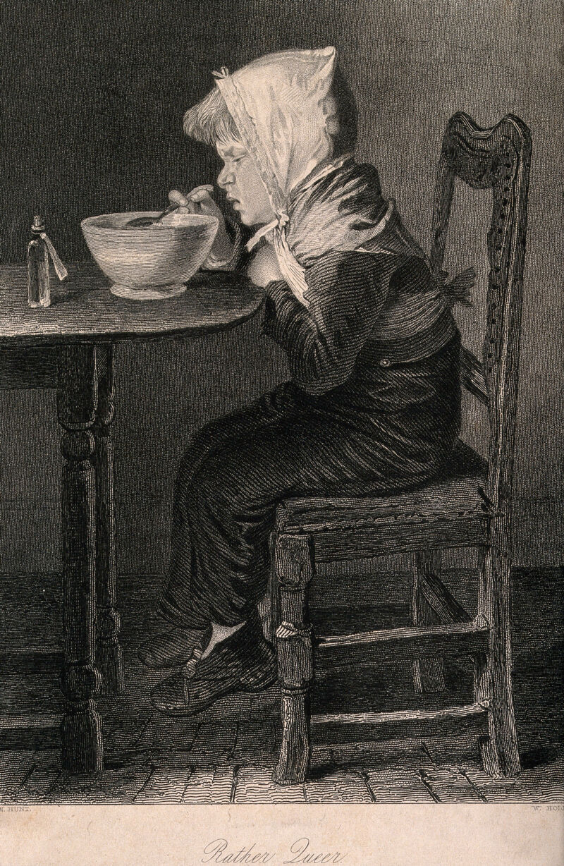 A sick boy pulling a peculiar face after eating some gruel which also contained some medicine. Engraving by W. Holl, the younger, after W. Hunt., by William Henry Hunt