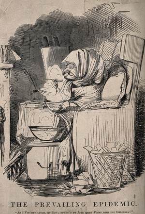 view Mr. Punch wrapped up in blankets in front of the fire, eating gruel and suffering from influenza. Wood engraving after J. Leech.