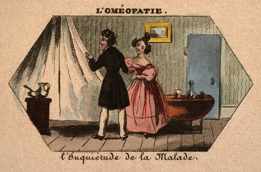 A young doctor (homeopath?) visiting a patient and comforting his worried wife. Coloured photolithograph.