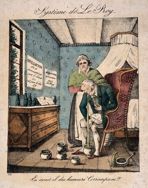 view A woman holding a man's head while he is sick into a bowl. Coloured lithograph.