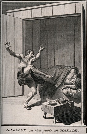 A dancing, juggling man who brings relief to sick people. Engraving.