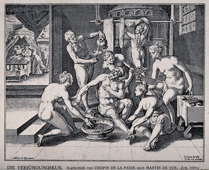 An old man (Sardanapalus?) being bathed by young nude women - an attempt at rejuvenation. Process print after C. de la Passe, the elder, 1600, after M. de Vos.