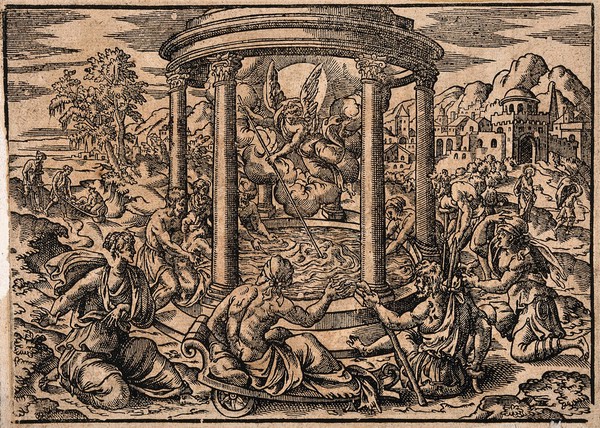 Sick people gathered around the pool of Bethesda in Jerusalem as an angel stirs the waters. Woodcut, 15--.