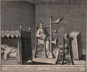 view Three people sitting around a water-vapour machine which is emitting dry steam, attempting to cure their illnesses. Engraving.