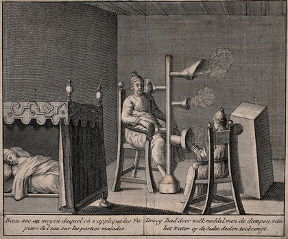 Three people sitting around a water-vapour machine which is emitting dry steam, attempting to cure their illnesses. Engraving.