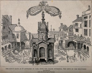 view The King's bath, a therapeutic steam bath with a gothic structure in the centre and surrounded by other buildings. Reproduction of a pen drawing after J. Fayram.