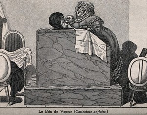 view An elaborately dressed woman pampers a man in a vapour-bath. Wood engraving after G. de Cari.