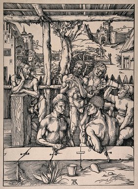 A bath-house containing six men and an onlooker, perhaps an allegory of the four humours and five senses. Photolithograph after A. Dürer, c. 1496.