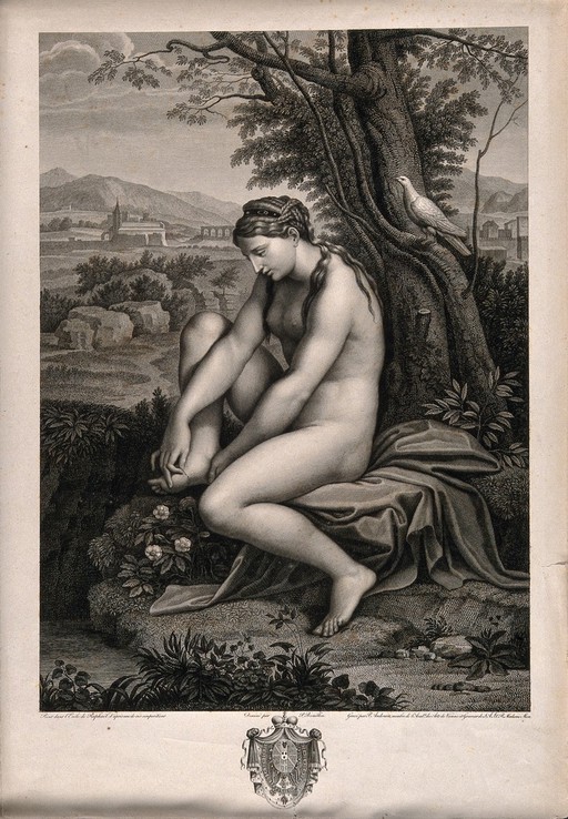 Venus pulling a thorn from her foot in beautiful countryside. Engraving by P. Audouin, after P. Bouillon after Raphael.