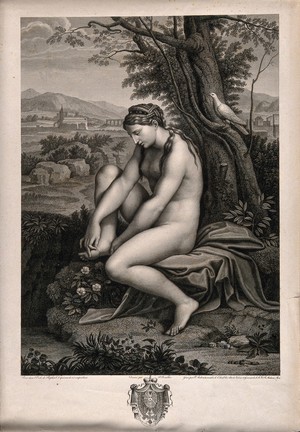 view Venus pulling a thorn from her foot in beautiful countryside. Engraving by P. Audouin, after P. Bouillon after Raphael.