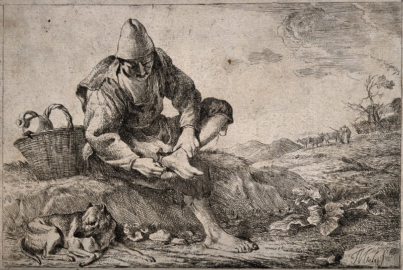 A peasant without shoes removing a thorn (?) from his foot, a dog accompanies him. Etching by J. Miel., 1600-1699, by Jan Miel