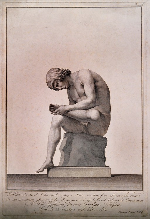 An athlete examining his damaged foot. Line engraving by F. Piranesi after L. Corazzari.