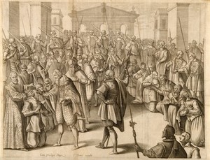 view Henri IV of France touching the head of a kneeling man for the king's evil (scrofula). Line engraving.