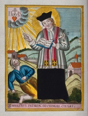 Saint Valentine blessing an epileptic. Coloured etching.