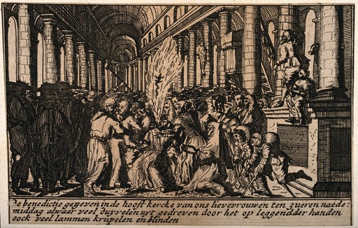 Blessings given at the High Church of Our Beloved Lady involving the expulsion of devils and curing of the blind and crippled. Etching.