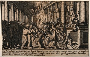 view Blessings given at the High Church of Our Beloved Lady involving the expulsion of devils and curing of blind and lame people. Etching.