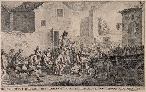 Francois Oudot, Viscount of Auxonne, healing and exorcising people in a village square. Etching, 1760, after F. Devosage III.