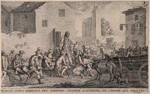 view François Oudot, Viscount of Auxonne, healing and exorcising people in a village square. Etching, 1760, after F. Devosge.