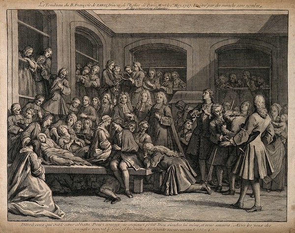 Crowds of sick people and clergy gathering at the tomb of F. de Paris where people had been cured. Engraving.