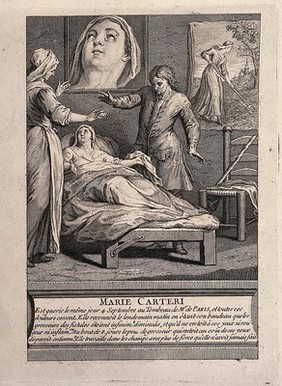 Marie Carteri convalescing after being cured from fistula lacrimal as a consequence of visiting the tomb of F. de Paris. Engraving.