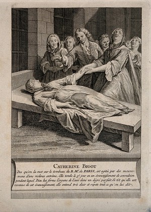 view Catherine Bigot, deaf-mute woman lying on the tomb of F. de Paris being miraculously cured. Engraving.