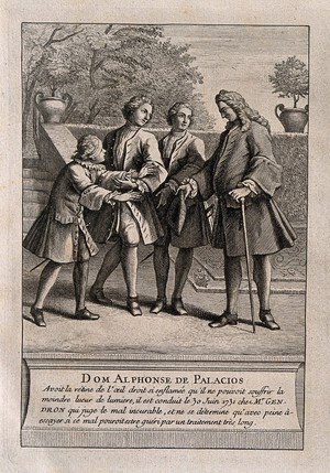 view Alphonse de Palacios, who suffered so severely from an infection of the retina that he was unable to look at any light. Engraving.