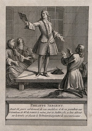 view Philippe Sergent, standing on the tomb of F. de Paris and singing after being miraculously cured of ankylosis. Engraving, 173-.