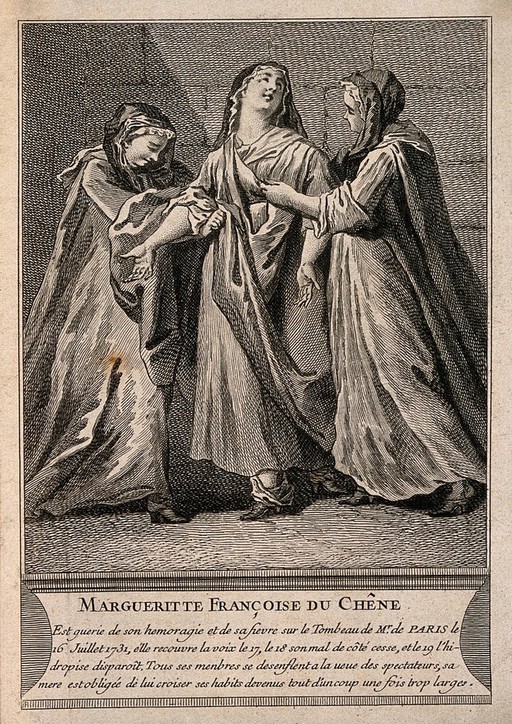 M.F. du Chêne miraculously cured from a variety of ailments (dropsy, hemorrhaging, aches and a disease of the lung) all inter-related (?), at the tomb of F. de Paris. Engraving.