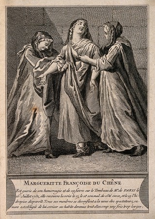 M.F. du Chêne miraculously cured from a variety of ailments (dropsy, hemorrhaging, aches and a disease of the lung) all inter-related (?), at the tomb of F. de Paris. Engraving.