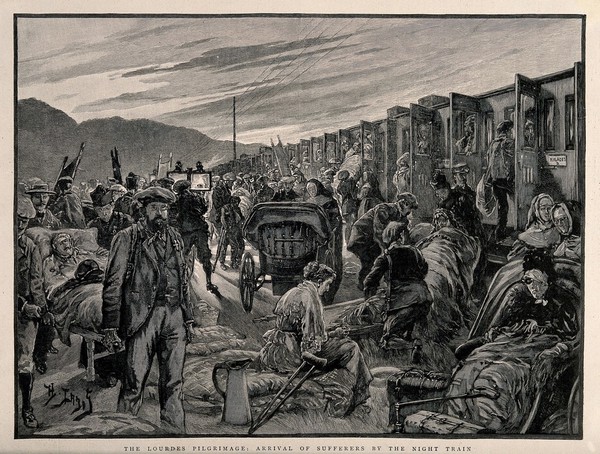 Crowds of sick people and their families making the pilgrimage to Lourdes in the hope of a miraculous cure. Reproduction of a wood engraving after H. Lanos.