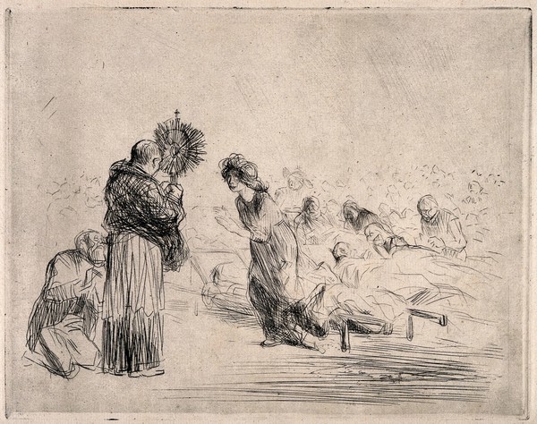 A priest at Lourdes holding up a monstrance to a sick girl who walks towards it, in the background are groups of people on stretchers. Etching by J.L. Forain, 1912.