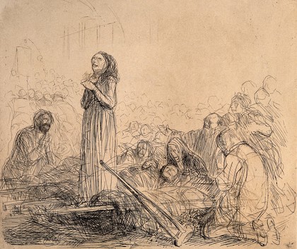 A lame girl discarding her crutches after being healed at Lourdes. Etching by J.L. Forain, 1912.