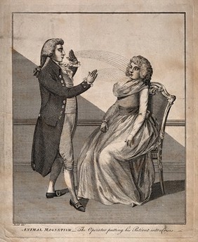 A man hypnotising a woman using the animal magnetism method. Engraving, 1802, after D. Dodd.