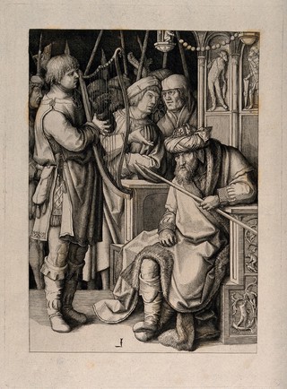David playing his harp for a disgruntled Saul in front of a crowd of courtiers and soldiers. Engraving after L. van Leyden, 1508.
