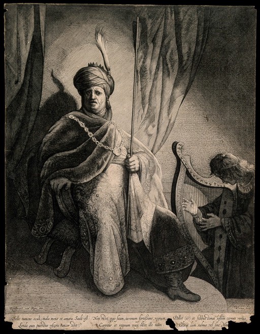 David playing the harp before Saul. Engraving by W. van der Leeuw after Rembrandt van Rijn, c. 1630.