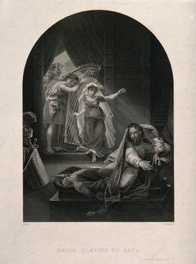 David playing his harp for a distraught Saul. Steel engraving by J. Rogers after A. Gros.