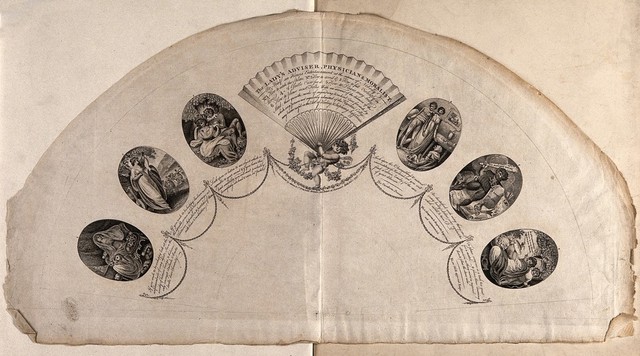 Six vignettes on a design for a fan illustrating how to lead a moral and happy life. Stipple engraving, 1797.