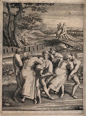 Three epileptic women each supported by two men. Engraving by H. Hondius the younger, 1642, after P. Brueghel.