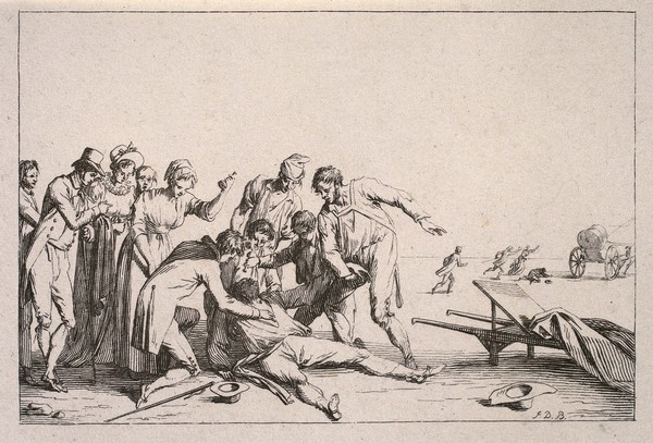 A group of people standing around a man having an epileptic fit. Etching by J. Duplessi-Bertaux.