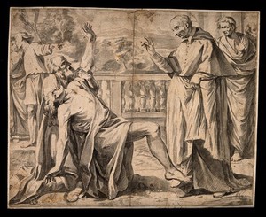 view An epileptic being restrained by another man is brought before a priest to be blessed. Ink drawing.